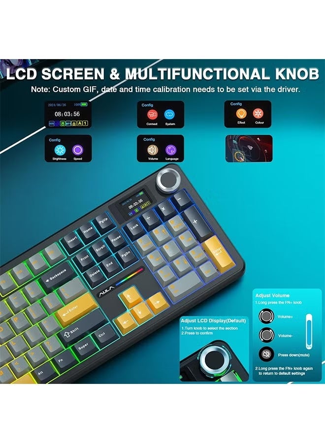 AULA F108 PRO - Wireless Mechanical Keyboard with Screen & Knob,Full Size Keyboard with 8000mAh Battery,Pre-lubed Switches,Side Printed PBT Keycaps,RGB Backlit Hot Swappable Custom Gaming Keyboards - Image 2